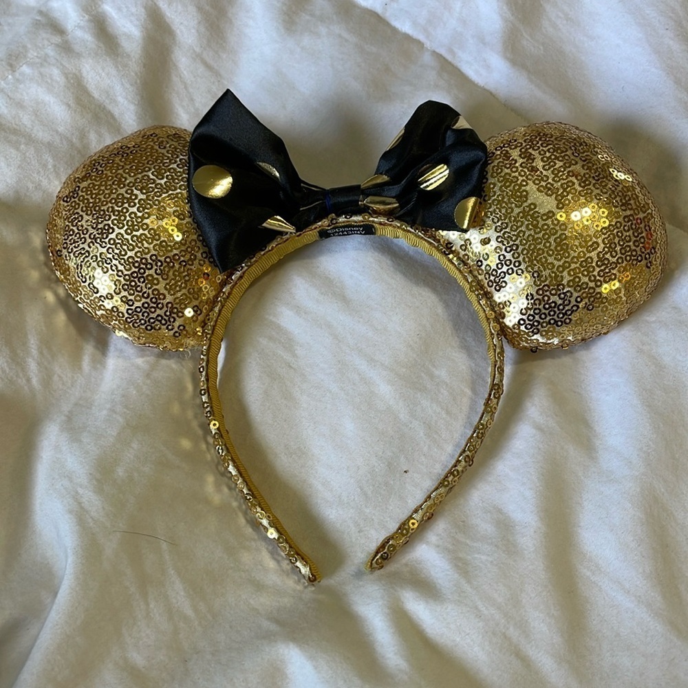 Disney | Minnie Mouse Ears | Sparkle | Golden Sequins | Black/Gold Polkadot Bow
